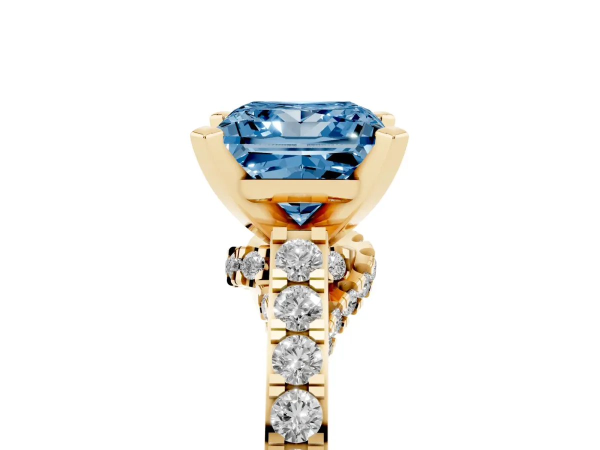 Fancy Blue Princess Cut Diamond Solitaire Ring with Crossover Gallery and Round Pavé Band Yellow gold