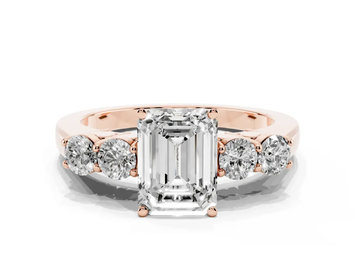 Emerald Cut Cut Diamond Five-Stone Prong Set White Gold Ring Rose gold
