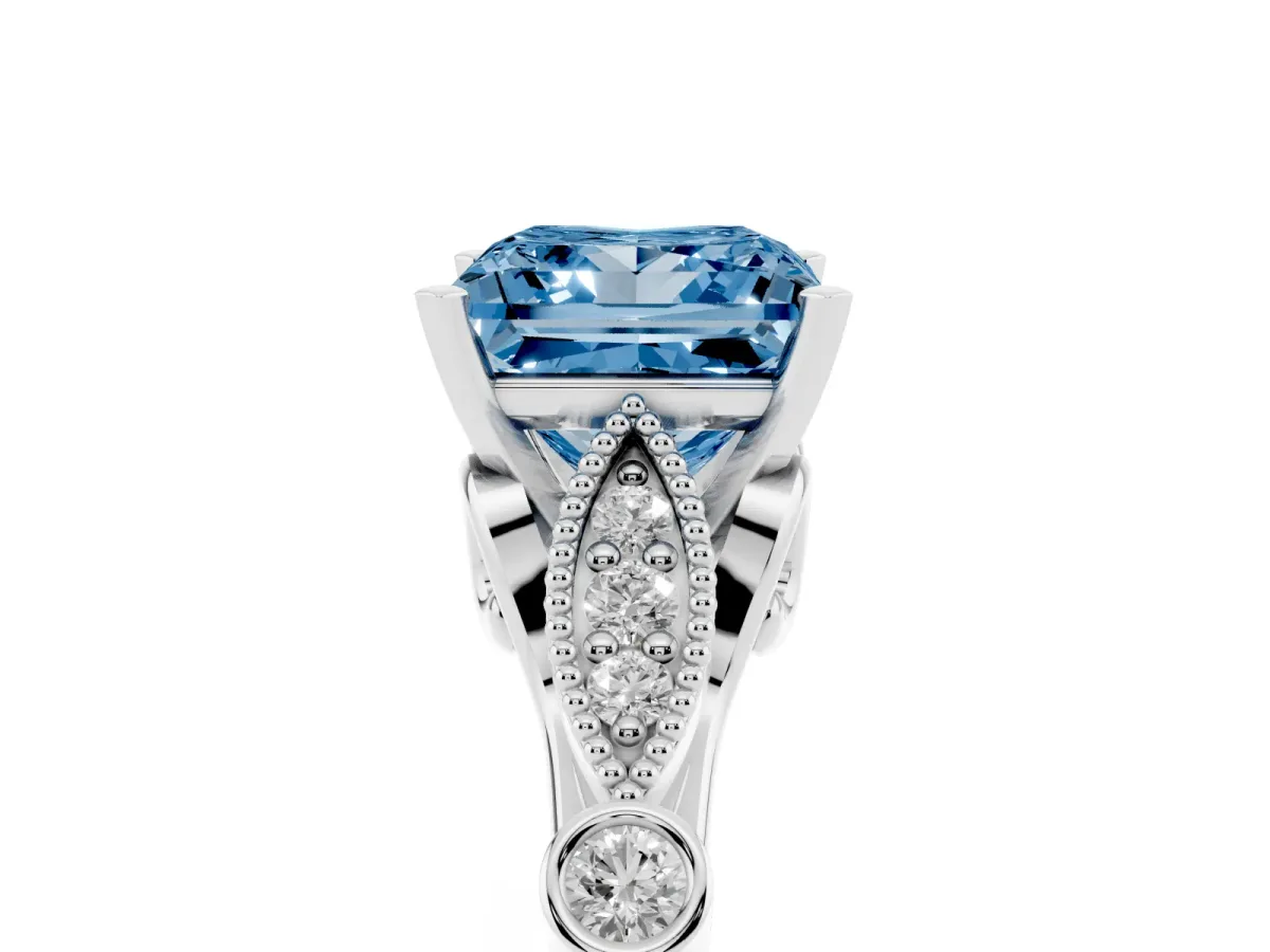 Fancy Blue Princess Cut Cut Diamond with Milgrain Marquise and Bezel Accents on a Solitaire Band with Prong Setting Silver