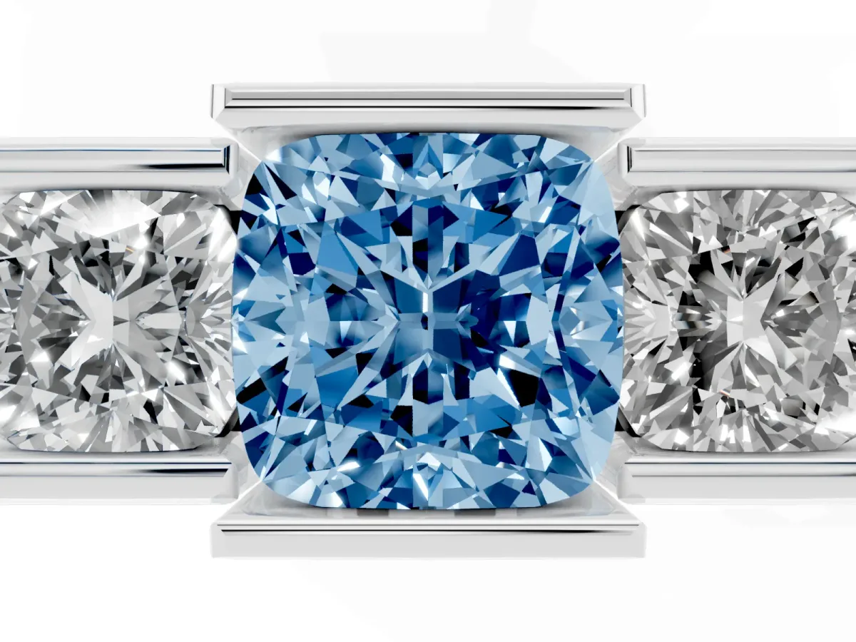 Fancy Blue Three Stone Cushion Cut Cut Channel Set Diamond Ring Silver