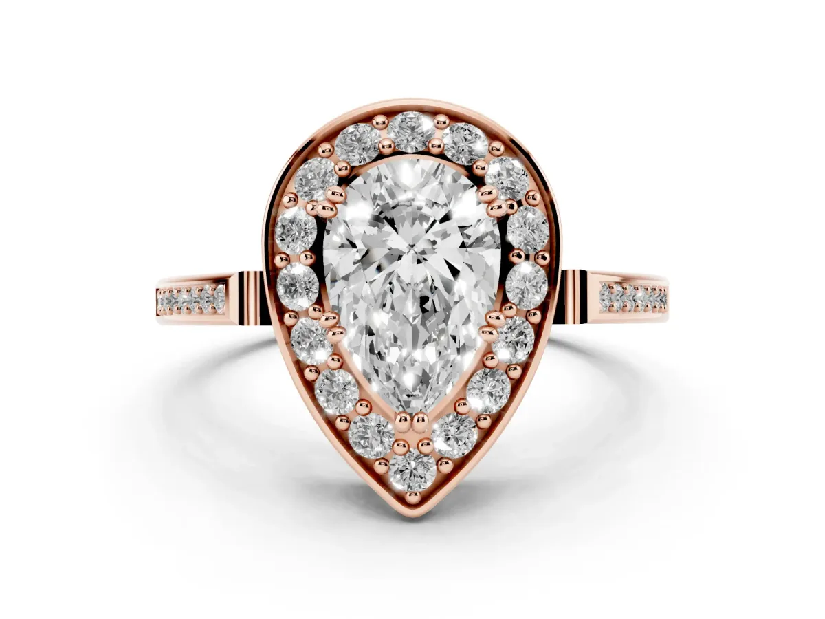 Pear Cut Diamond Halo Ring with Split Shank and Four-Prong Setting Rose gold