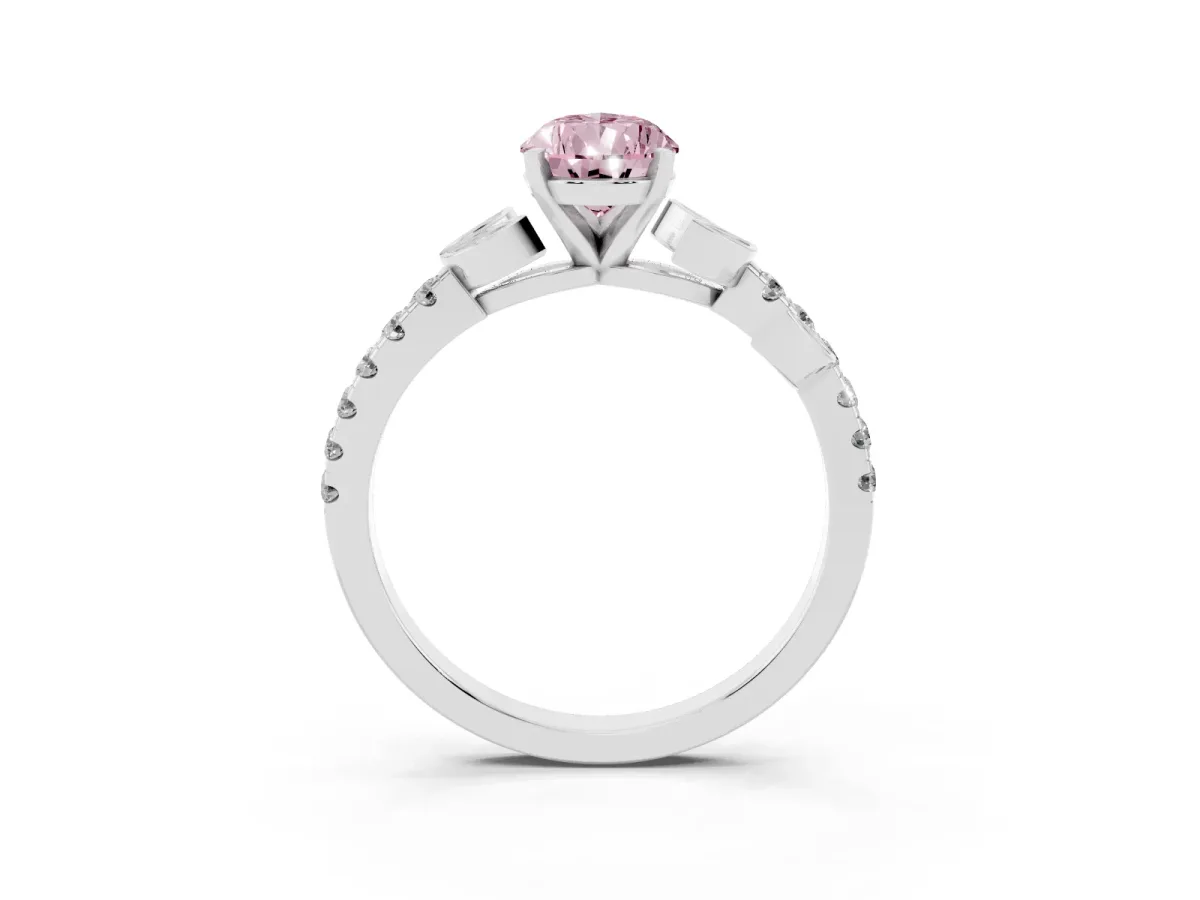 Fancy Pink Pear Cut Solitaire Leaf-Inspired Diamond Ring with Pavé Band and Four-Prong Setting Silver