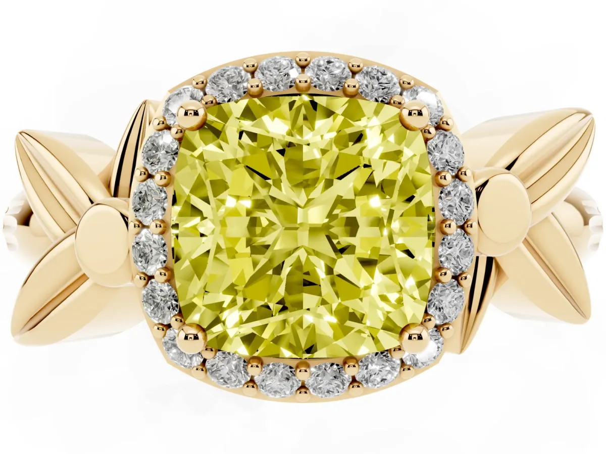 Fancy Yellow Cushion Cut Halo Diamond Floral Band with Four-Prong Setting Yellow gold