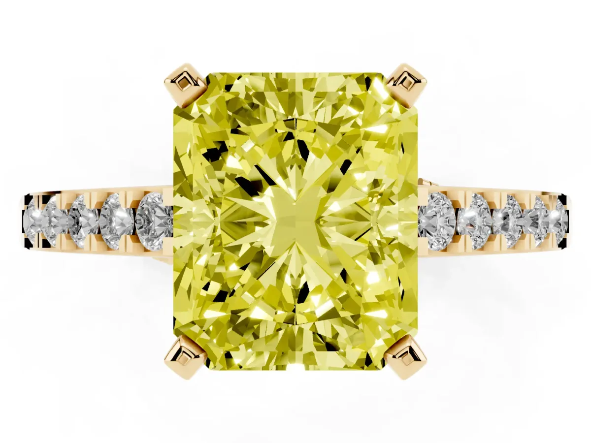 Fancy Yellow Radiant Cut Diamond Solitaire Ring with Crossover Gallery and Round Pavé Band Yellow gold