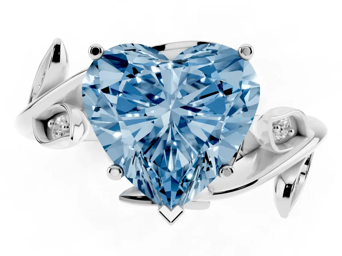 Fancy Blue Heart Cut Solitaire Twist Engagement Ring with Leaf Accents and Prong Setting White gold