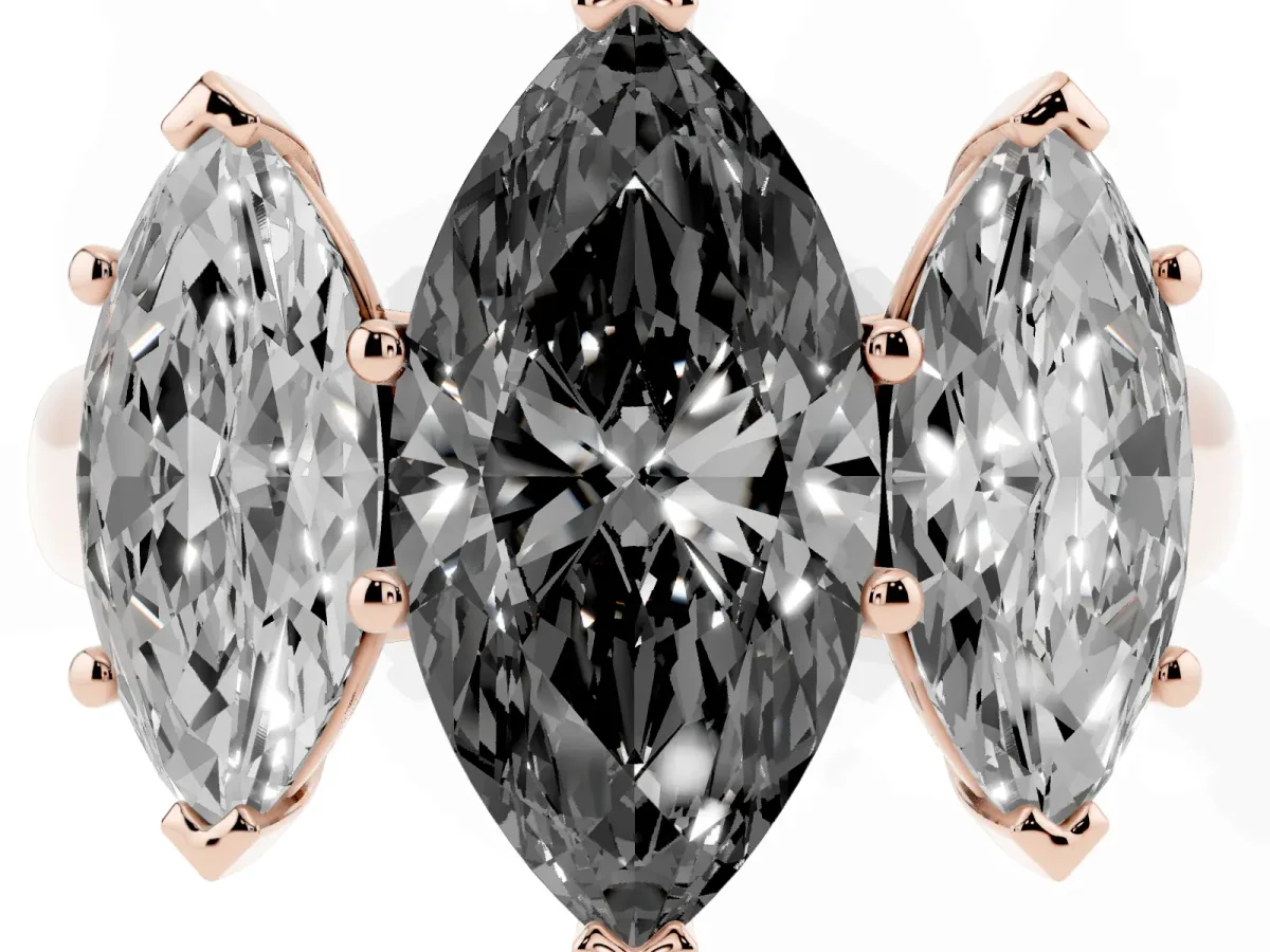 Fancy Black Marquise Cut Three-Stone Diamond Ring with Prong Setting on a Classic Band Rose gold