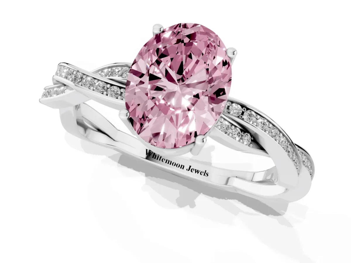Fancy Pink Oval Cut Solitaire Twisted Pave Diamond Ring with Four-Prong Setting White gold