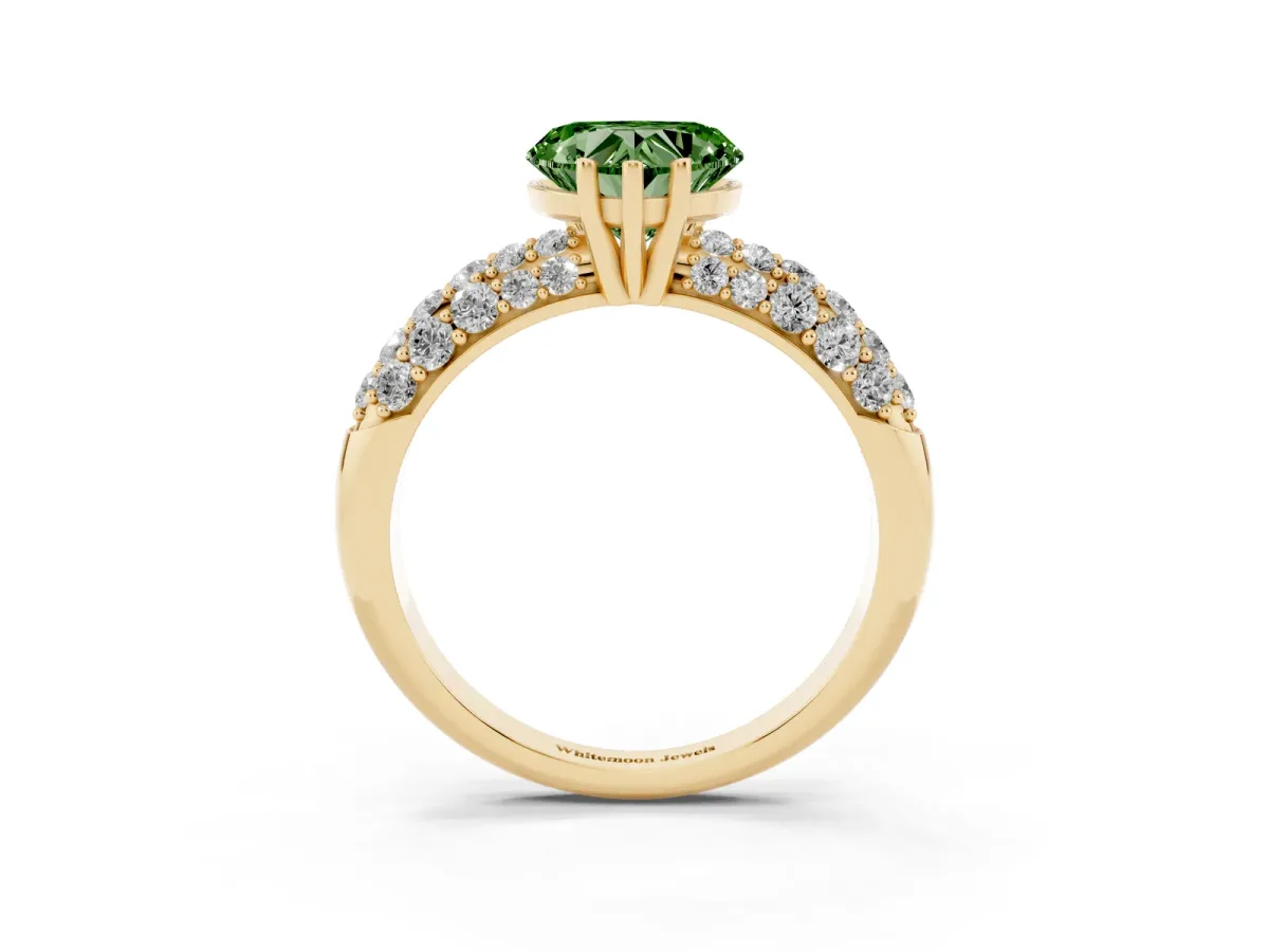 Fancy Green Heart Cut Diamond Pavé Band Solitaire Ring with Four-Prong Setting Yellow gold