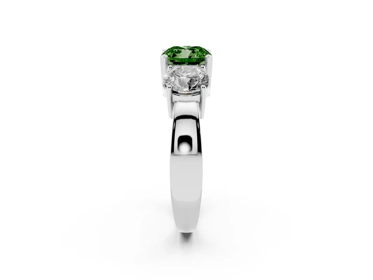 Fancy Green Three-Stone Cushion Cut Diamond Ring with Round Side Stones, Classic Band, and Four-Prong Setting Silver