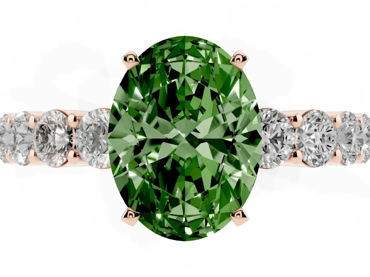 Fancy Green Oval Cut Diamond Solitaire Ring with Shared Prong Round Side Stones Rose gold