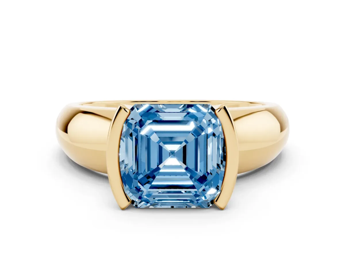 Fancy Blue Asscher Cut Solitaire Tension Set Diamond Ring with Wide Band Yellow gold