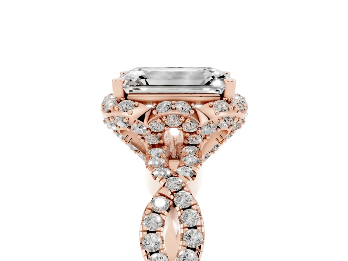 Emerald Cut Halo Twist Band Solitaire Ring with Six-Prong Setting Rose gold