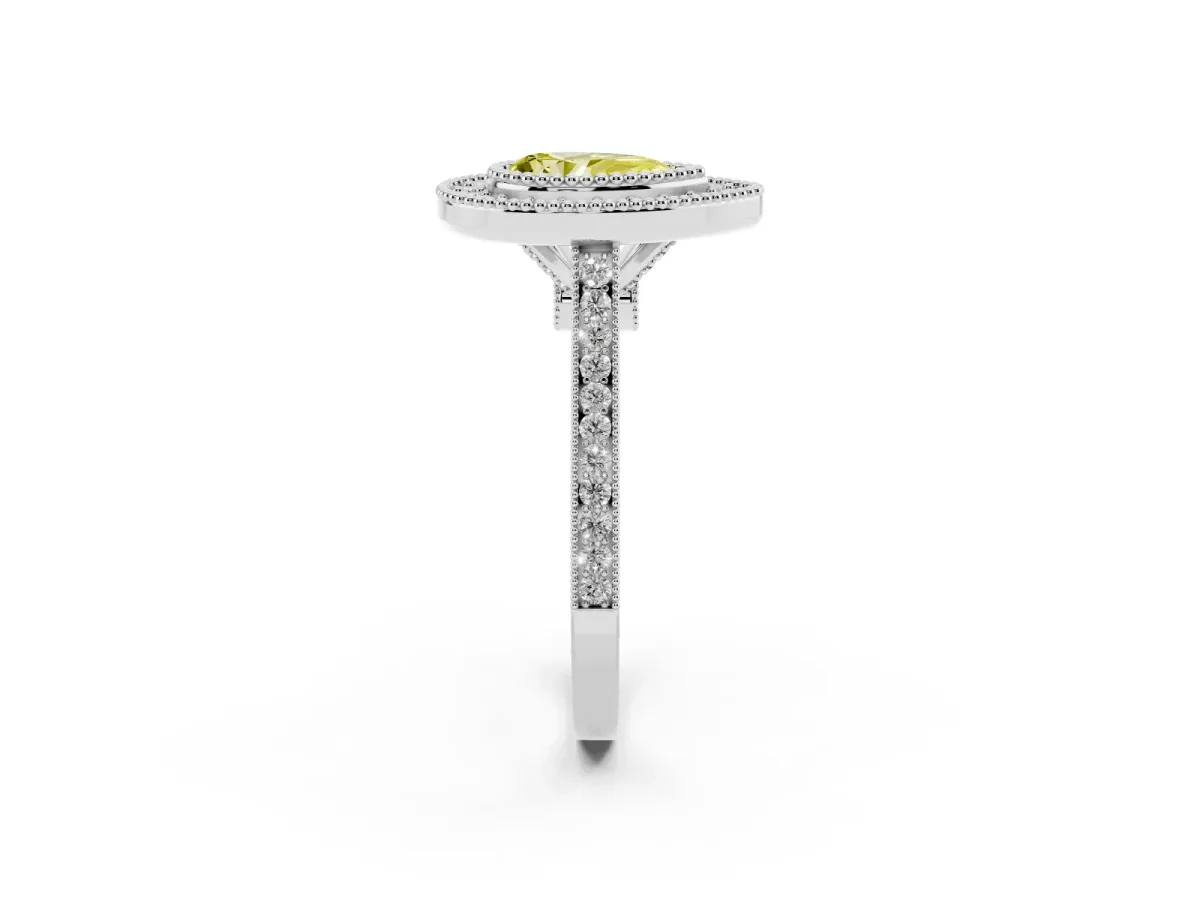 Fancy Yellow Pear Cut Diamond Halo Ring with Milgrain Frame and Pavé Band White gold