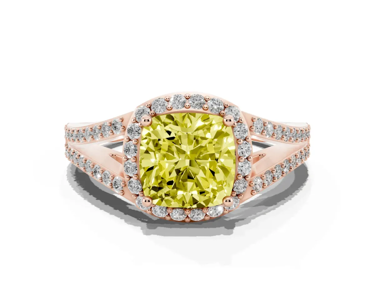 Fancy Yellow Cushion Cut Halo Split Shank Diamond Ring with Prong Setting Rose gold