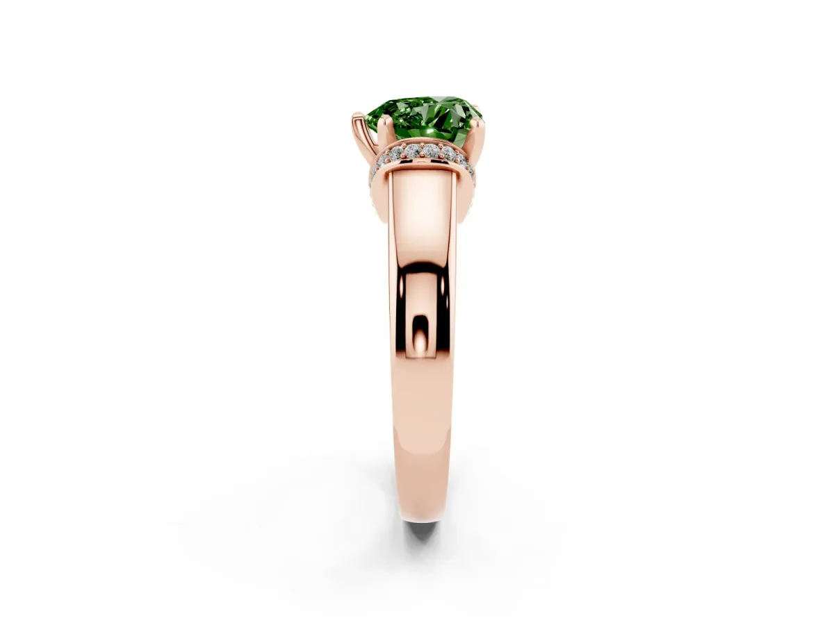 Fancy Green Heart Cut Solitaire Diamond Ring with Pave Band and Six-Prong Setting Rose gold