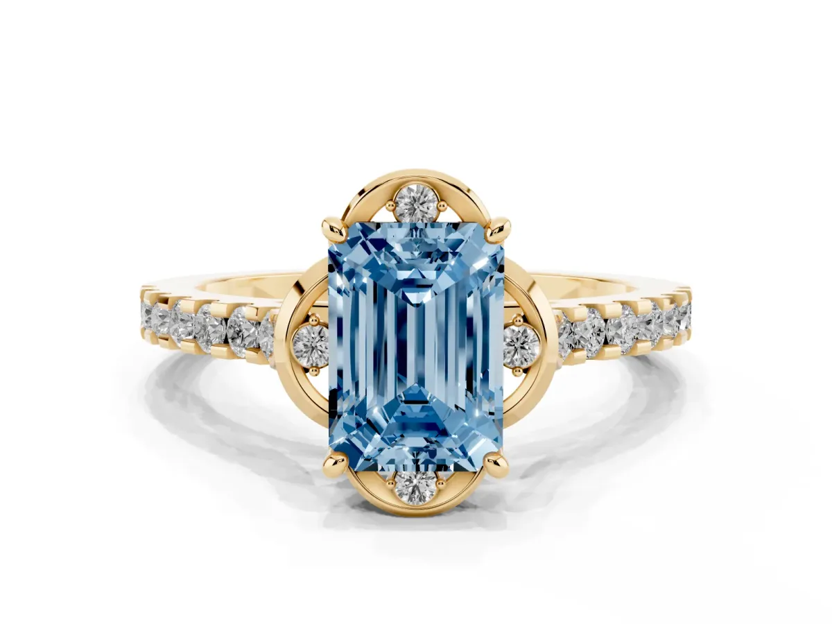 Fancy Blue Emerald Cut Diamond Ring with Pavé Band and Floral Prong Setting Yellow gold
