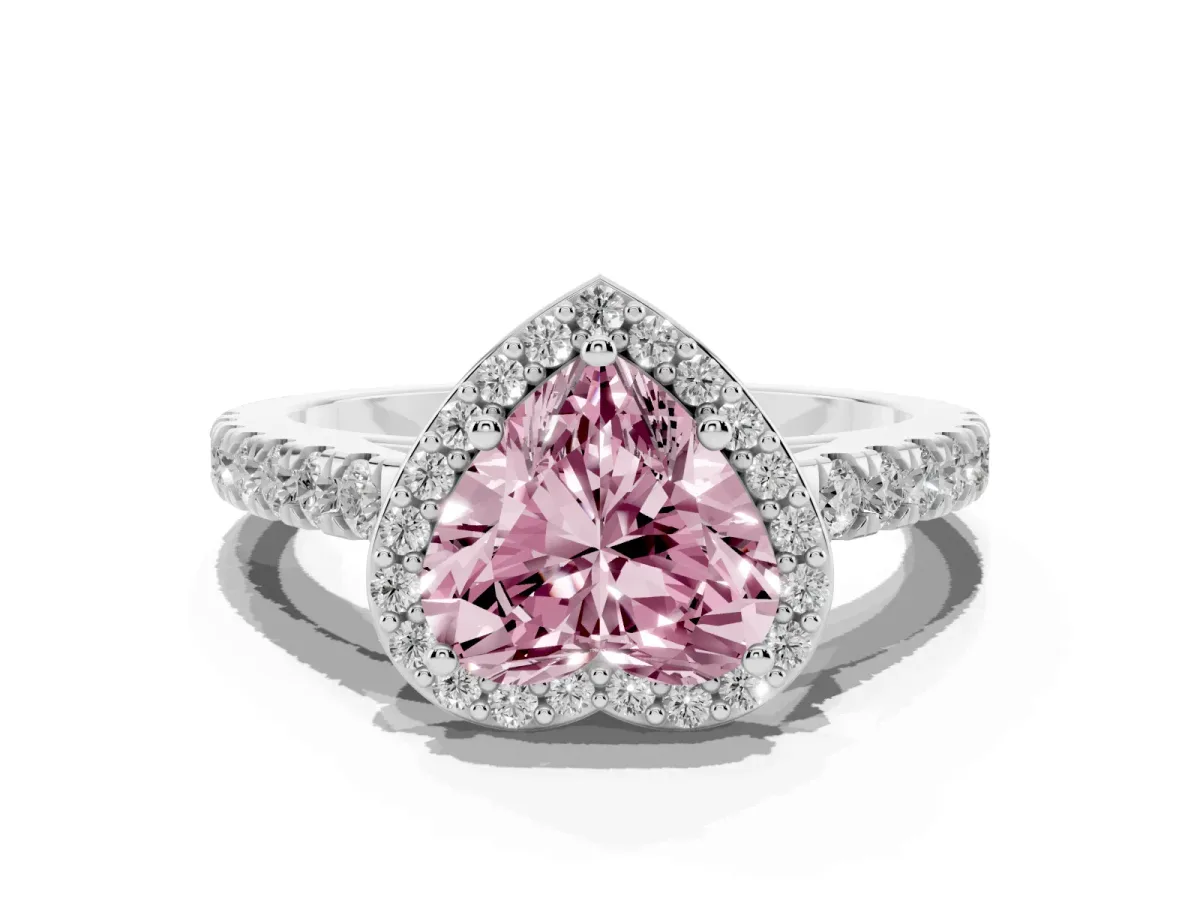 Fancy Pink Heart Cut Cut Halo Diamond Engagement Ring with Pave Band and Four-Prong Setting Silver