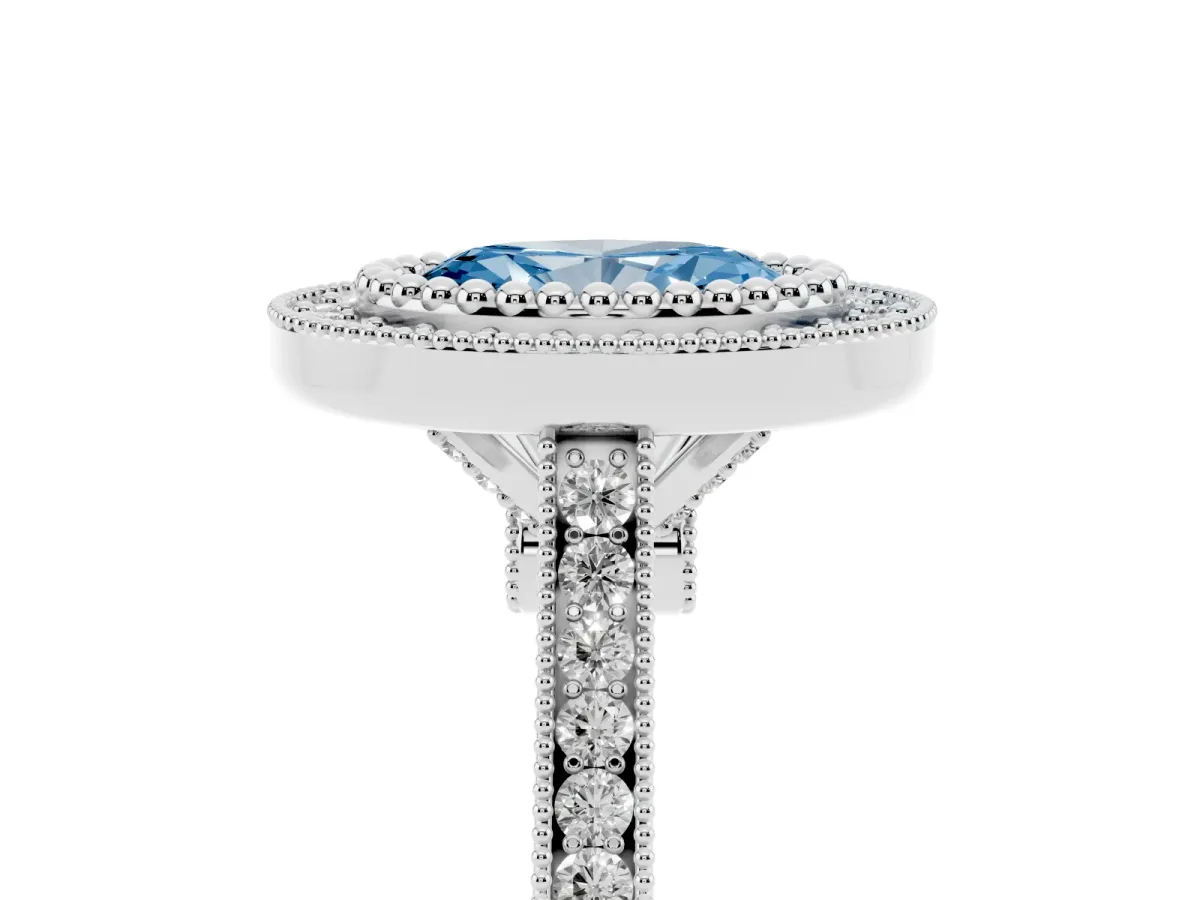 Fancy Blue Oval Cut Diamond Halo Ring with Milgrain Frame and Pavé Band Silver