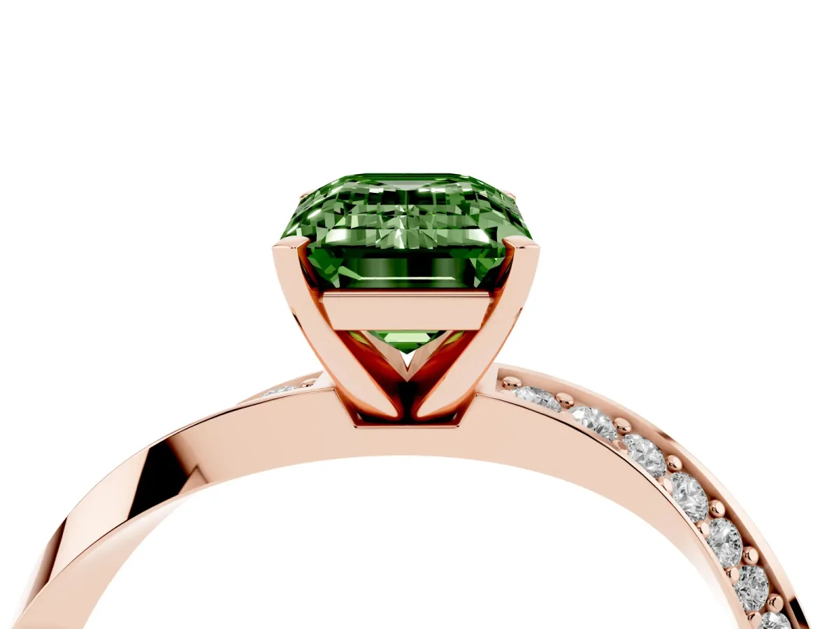 Fancy Green Emerald Cut Diamond Engagement Ring with Side Stone Accents and Four-Prong Setting Rose gold