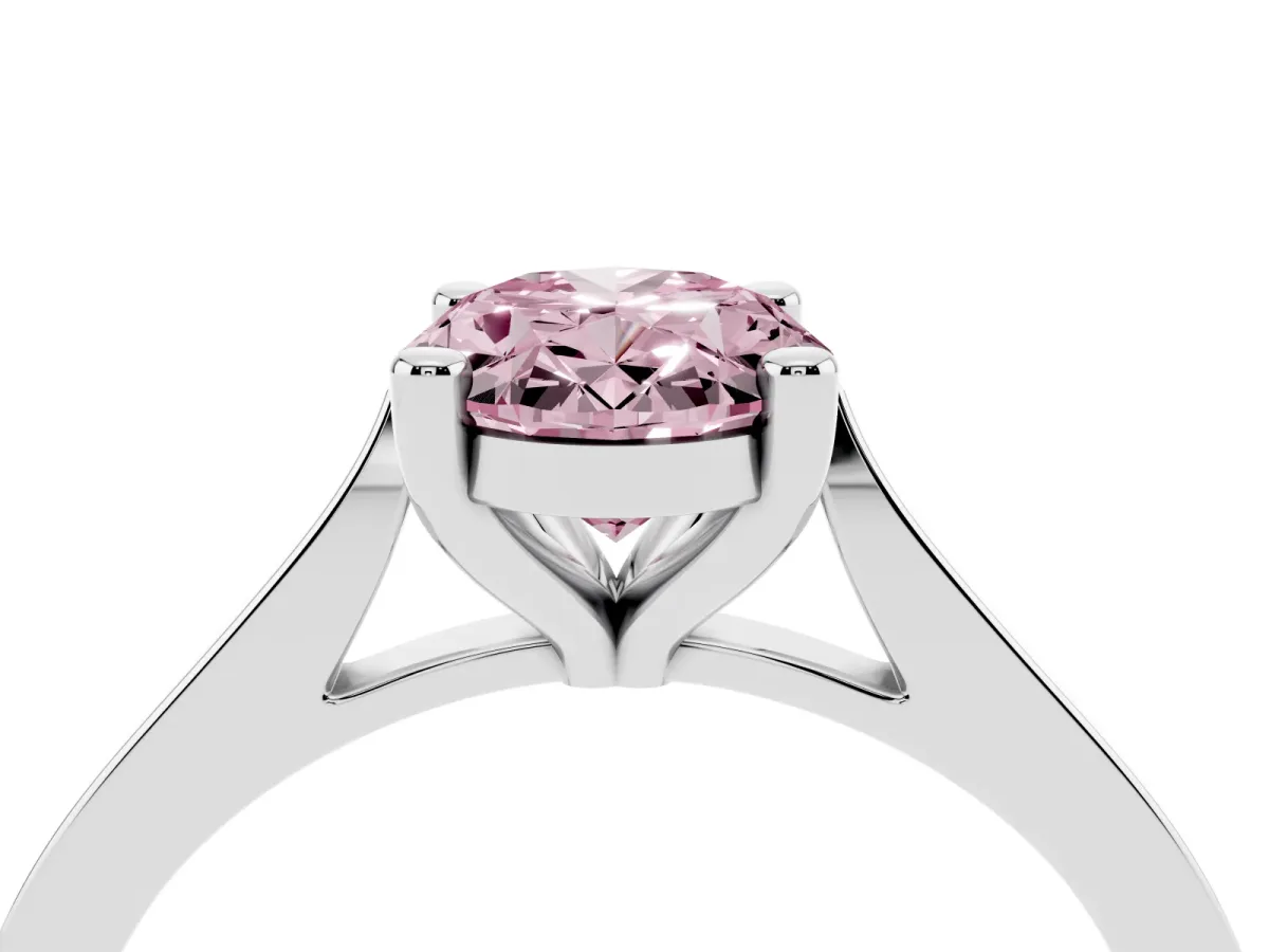 Fancy Pink Oval Cut Solitaire Diamond Ring with Four-Prong Setting and Tapered Band Platinum