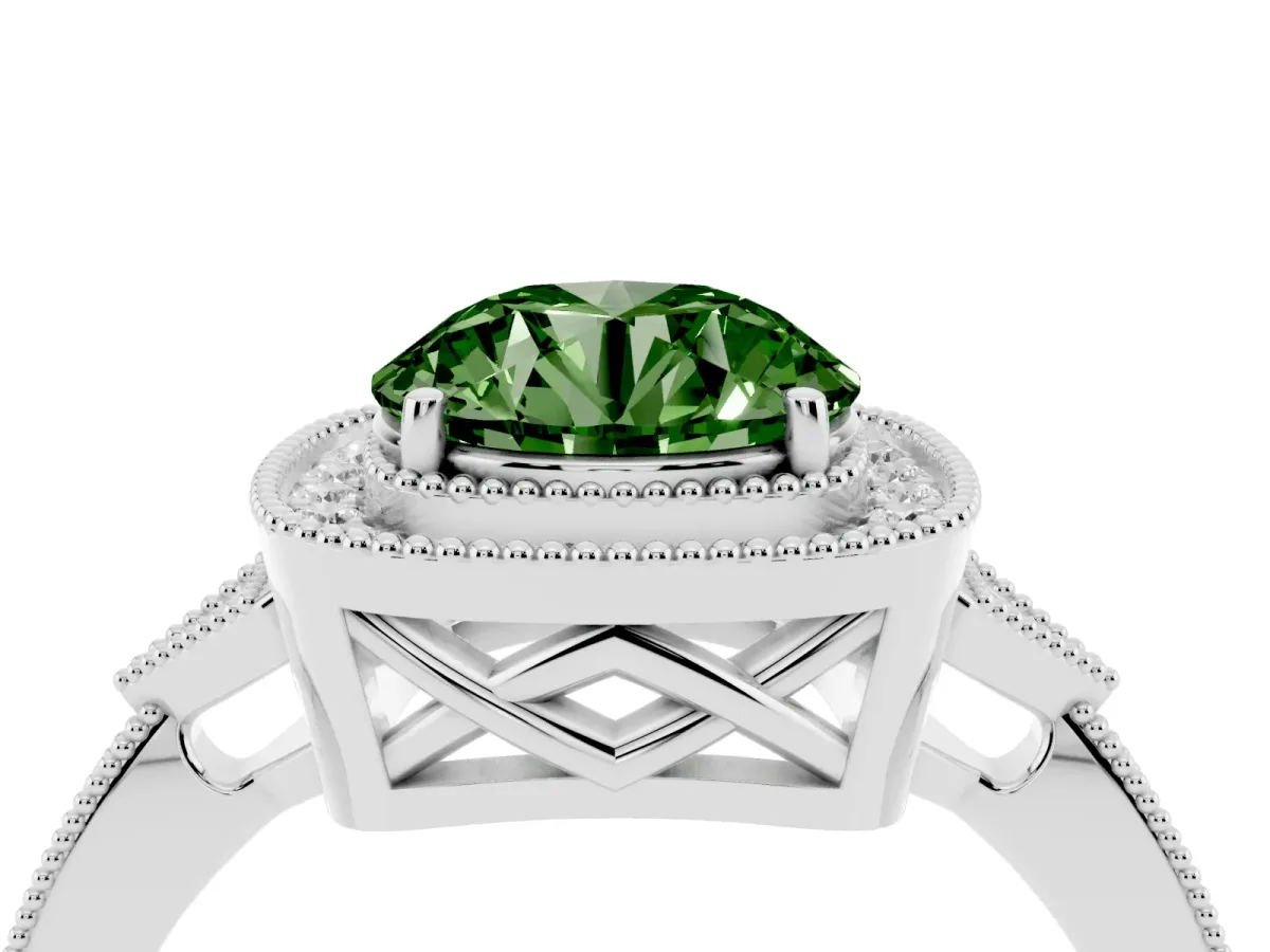 Fancy Green Round Cut Halo Round Diamond Milgrain Pave Engagement Ring Silver