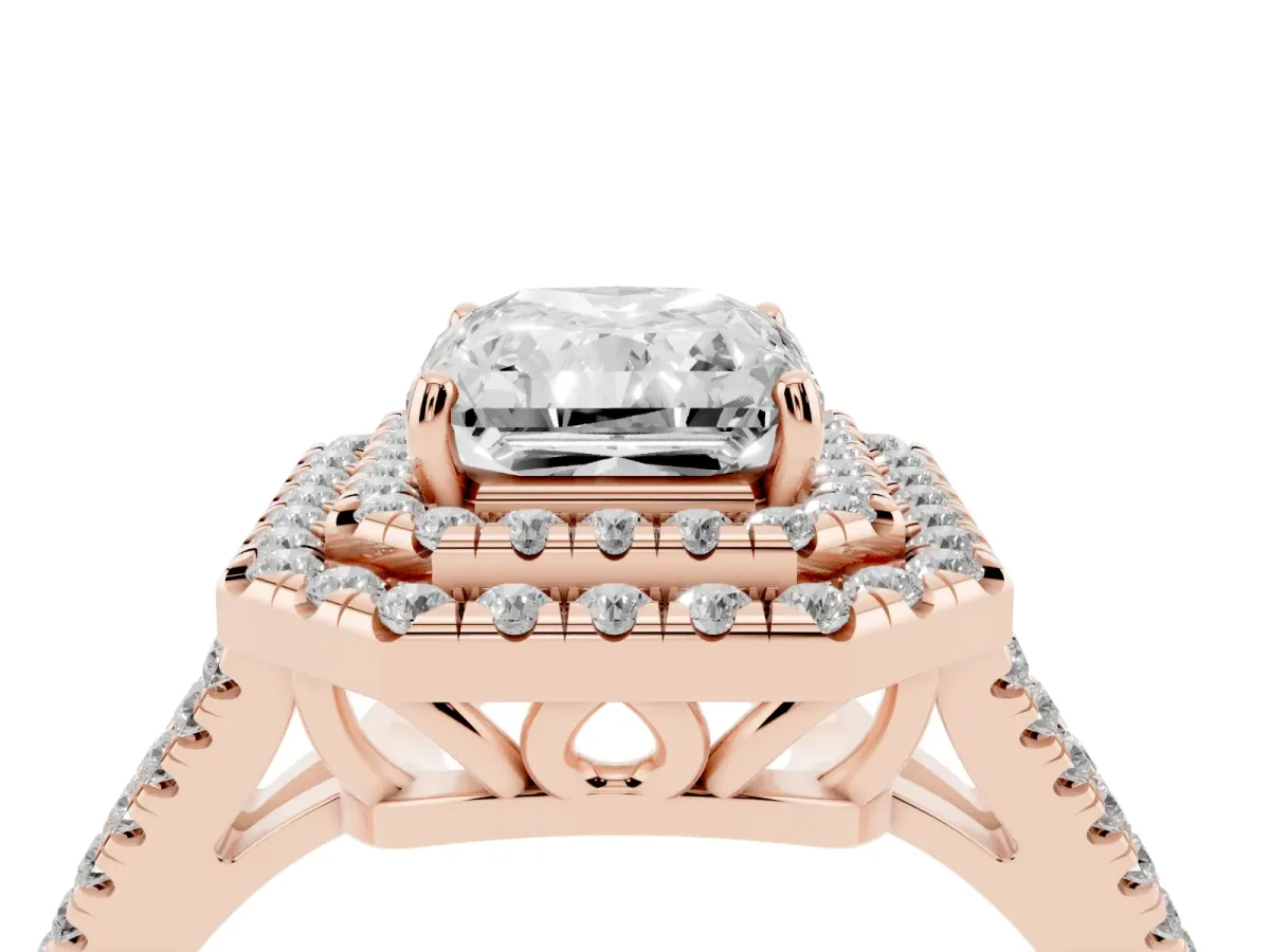 Radiant Cut Diamond Double Halo Ring with Pavé Band and Prong Setting Rose gold
