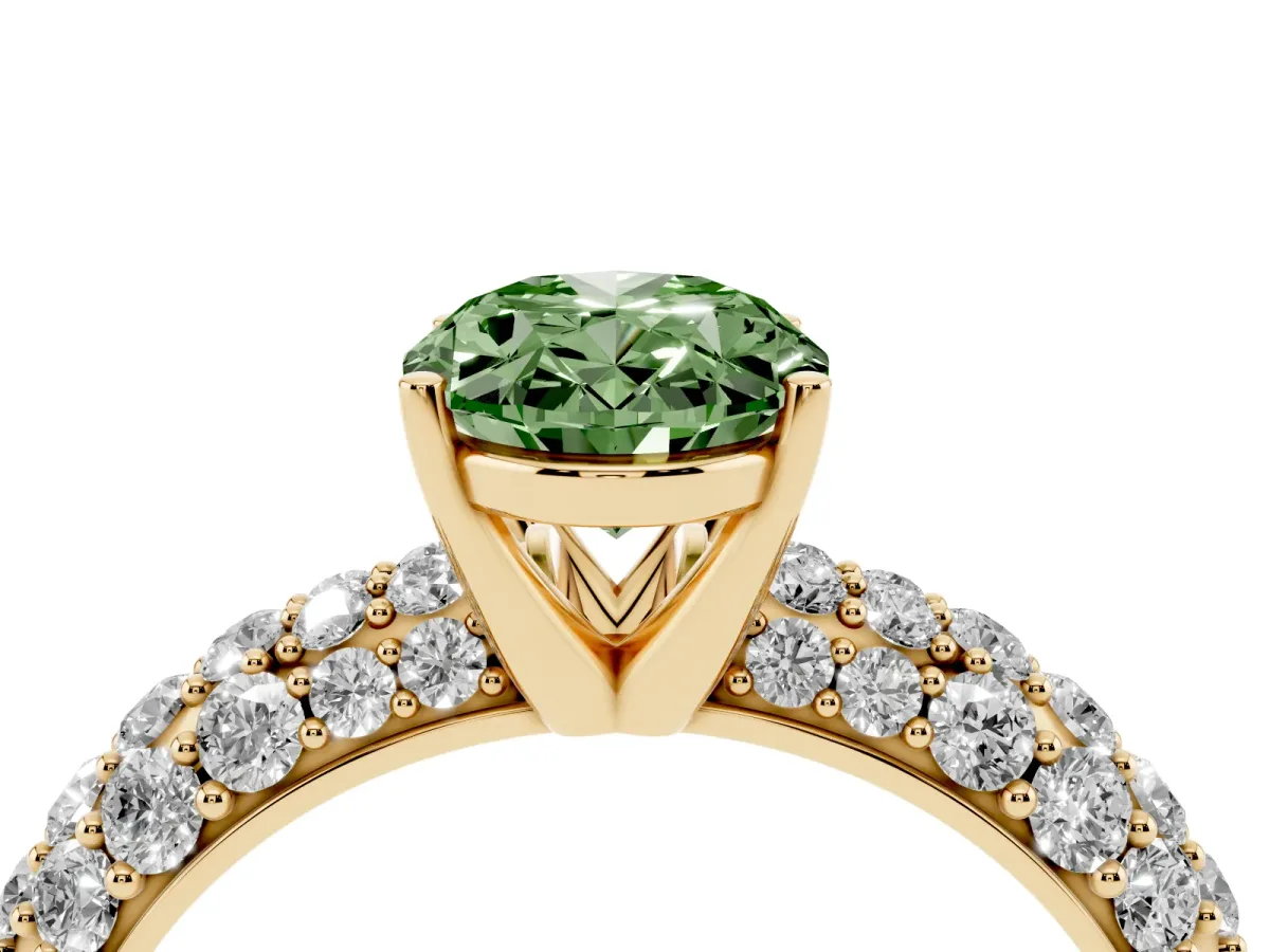 Fancy Green Oval Cut Diamond Pavé Band Solitaire Ring with Four-Prong Setting Yellow gold