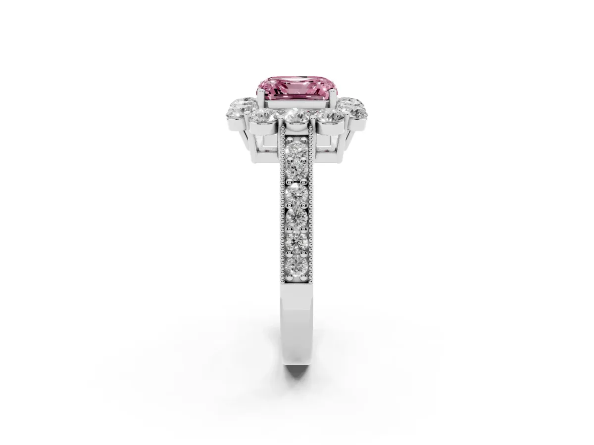 Fancy Pink Asscher Cut Cut Halo Diamond Pavé Engagement Ring with Milgrain Detailing Silver