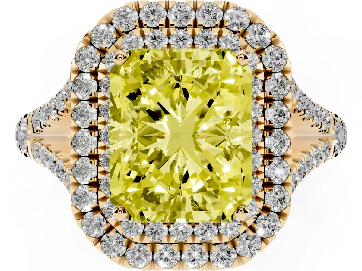 Fancy Yellow Double Halo Radiant Cut Diamond Split Shank Engagement Ring with Four-Prong Setting Yellow gold