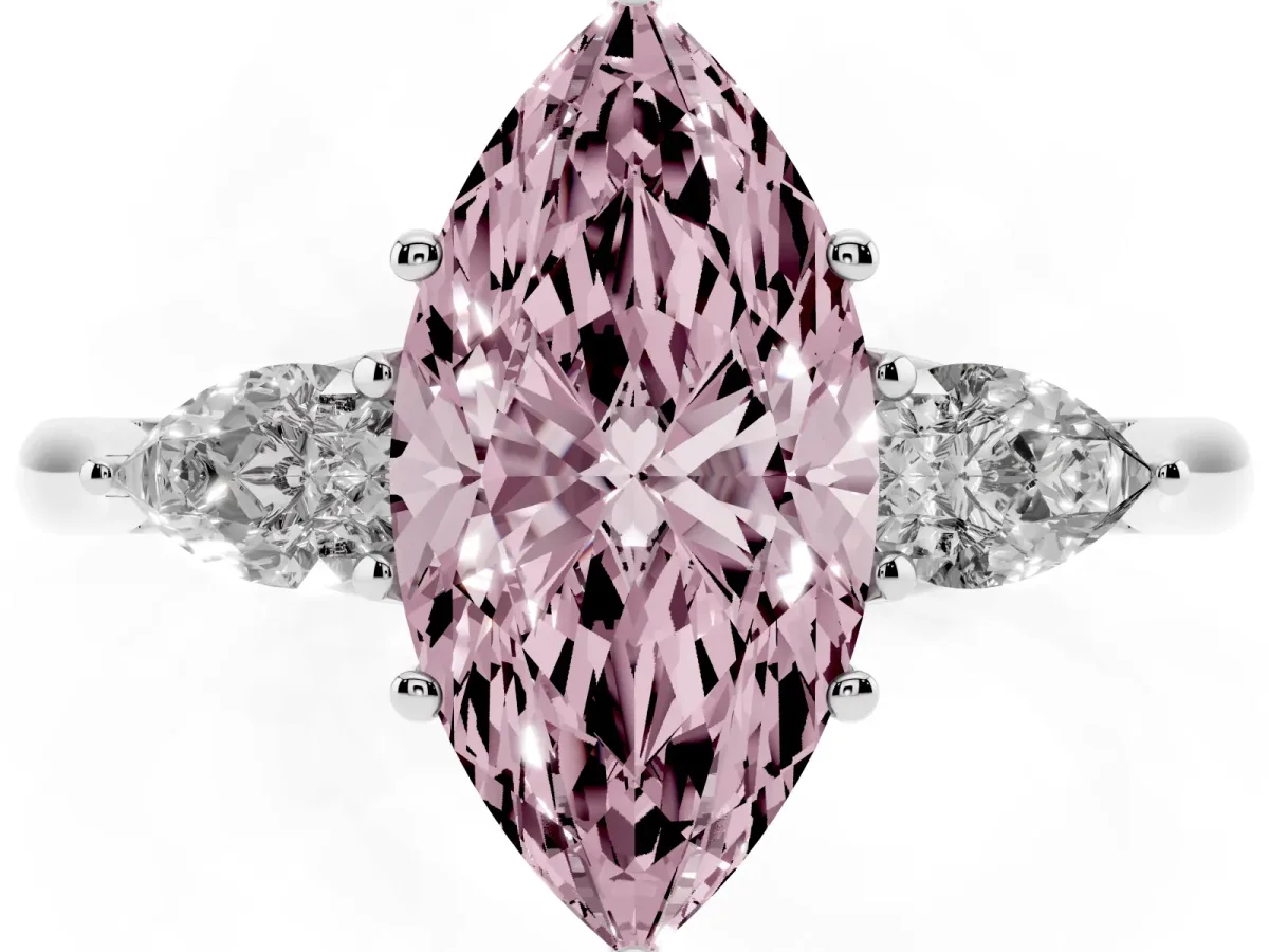 Fancy Pink Three-Stone Marquise Cut Brilliant Diamond Solitaire Ring with Tapered Band and Four-Prong Setting Platinum