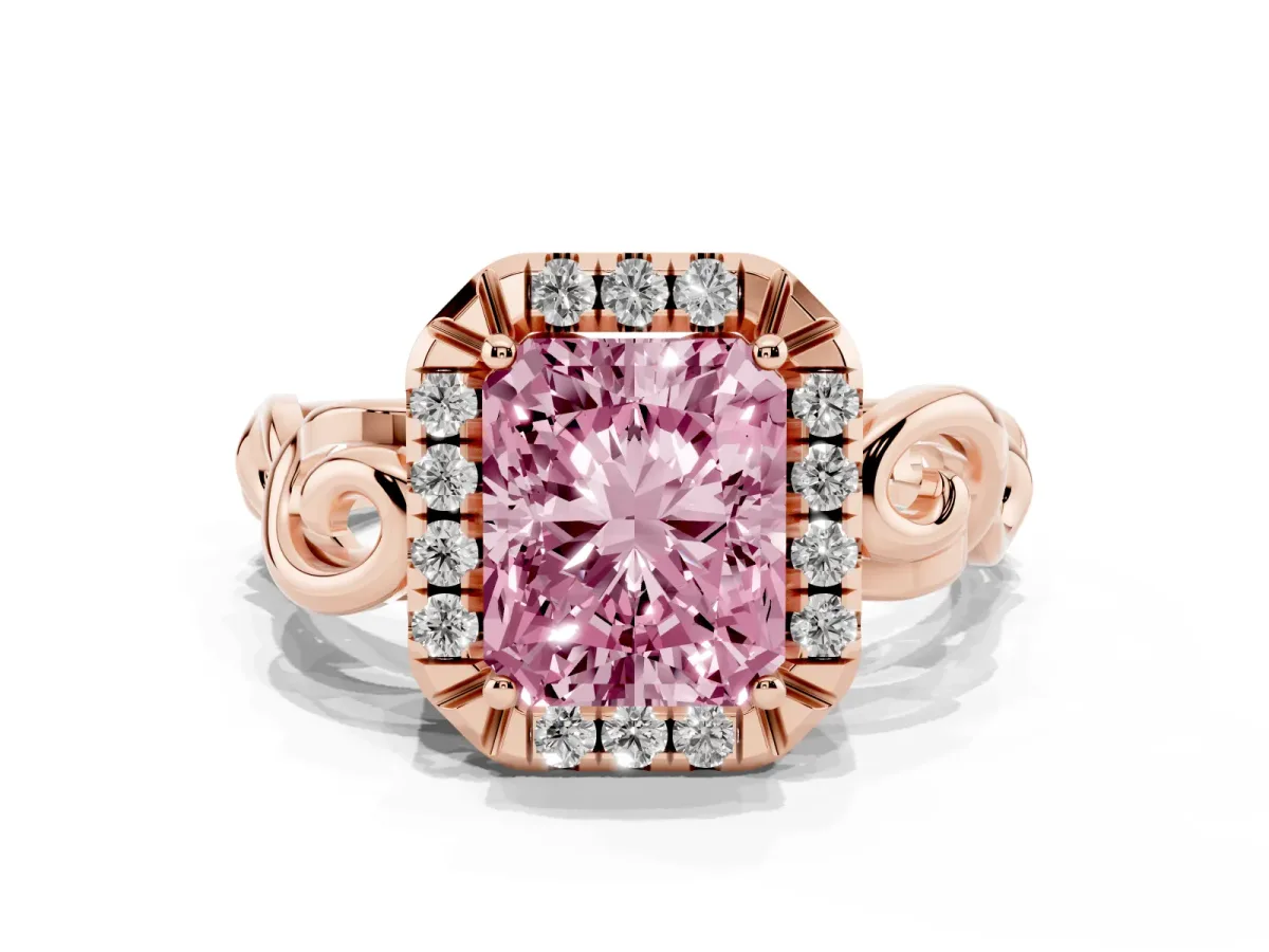 Fancy Pink Radiant Cut Cut Halo Diamond Ring with Scrollwork Band and Four-Prong Setting Rose gold