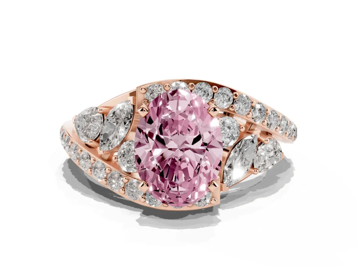 Fancy Pink Oval Cut Diamond Halo Ring with Marquise and Pavé Band in Prong Setting Rose gold