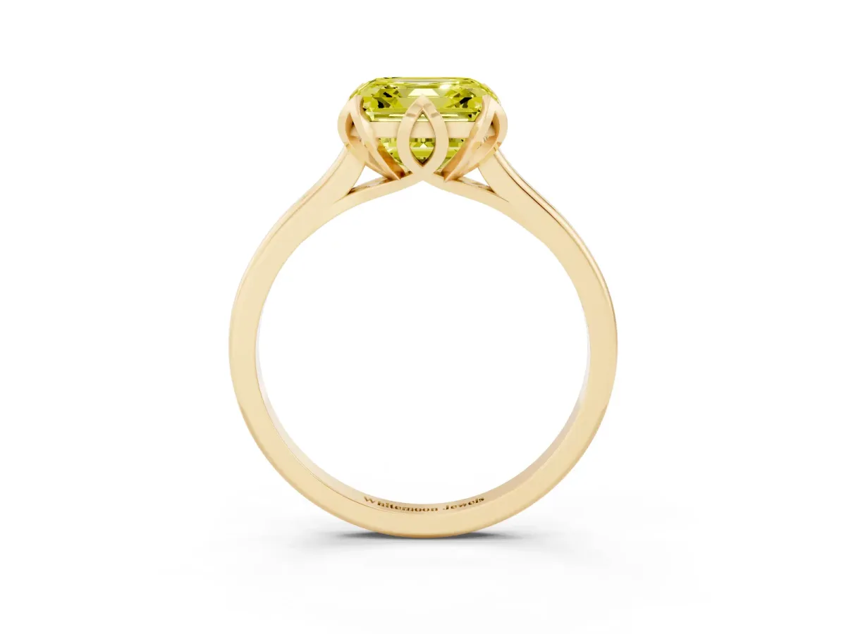 Fancy Yellow Asscher Cut Diamond Solitaire Ring with Flower Prong Setting and Classic Band Yellow gold