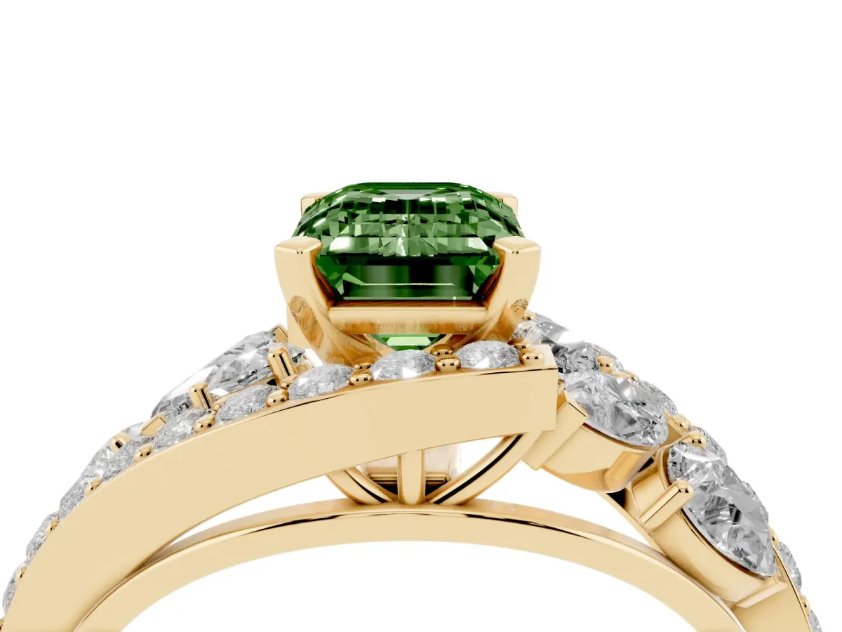 Fancy Green Emerald Cut Diamond Halo Ring with Marquise and Pavé Band in Prong Setting Yellow gold