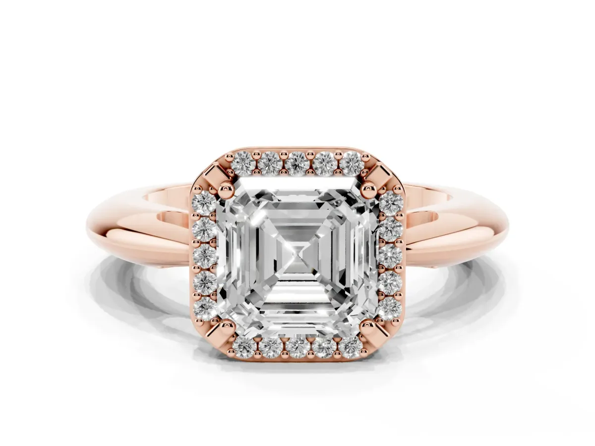 Asscher Cut Cut Diamond Halo Engagement Ring with Split Shank and Four-Prong Setting Rose gold
