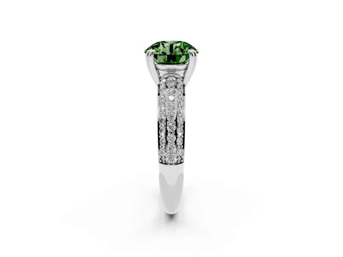 Fancy Green Round Cut Diamond Solitaire Ring with Multi-Row Round Pavé Band and Prong Setting Silver