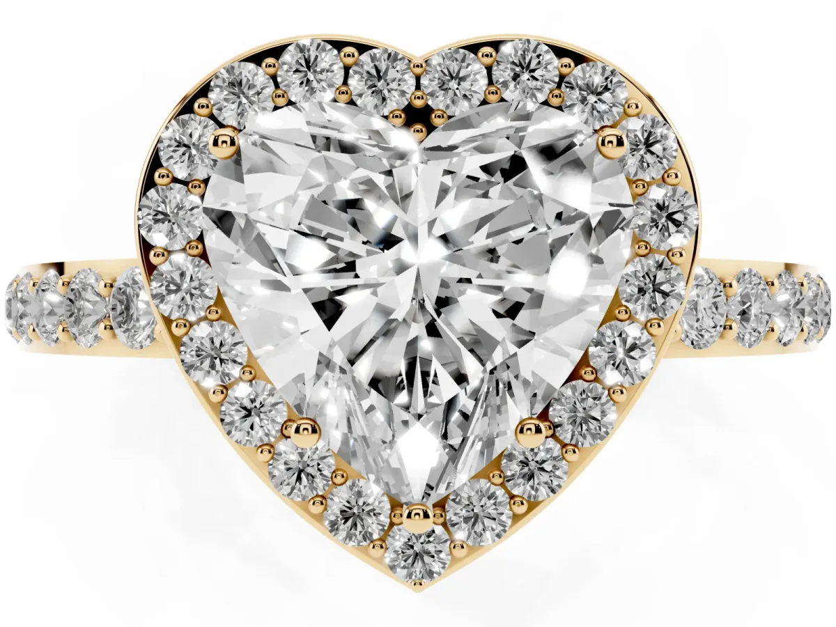 Heart Cut Halo Diamond Pavé Band Ring with Prong Setting Yellow gold