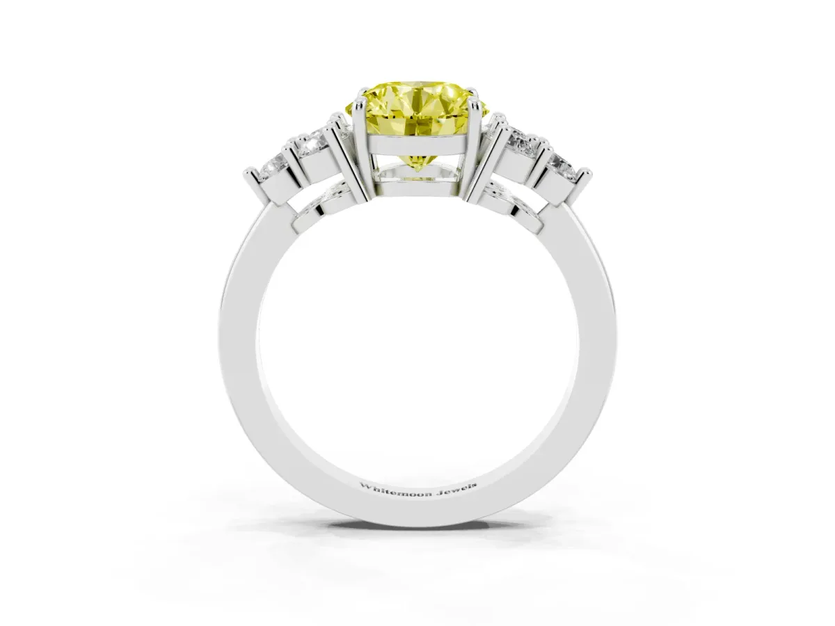 Fancy Yellow Round Cut Brilliant Diamond Cluster Accent Solitaire Ring with Prong Setting White gold