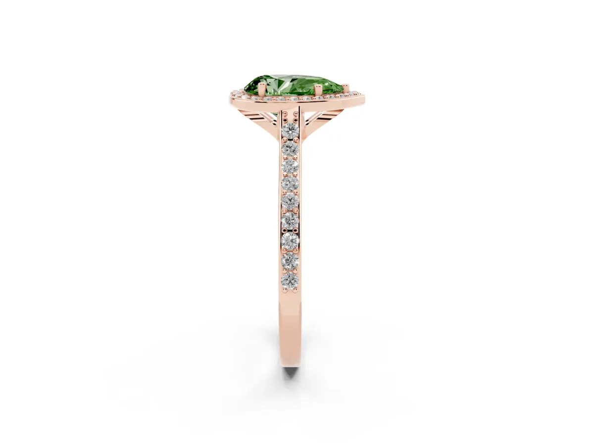 Fancy Green Pear Cut Diamond Halo Engagement Ring with Round Pavé Shoulders and Prong Setting Rose gold