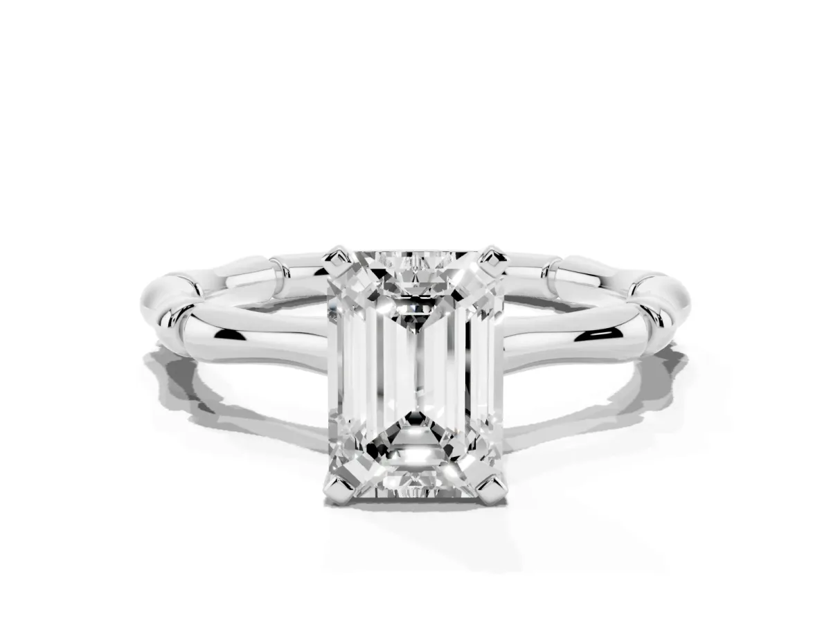 Emerald Cut Solitaire Diamond Ring with Bamboo Band and Four-Prong Setting Silver
