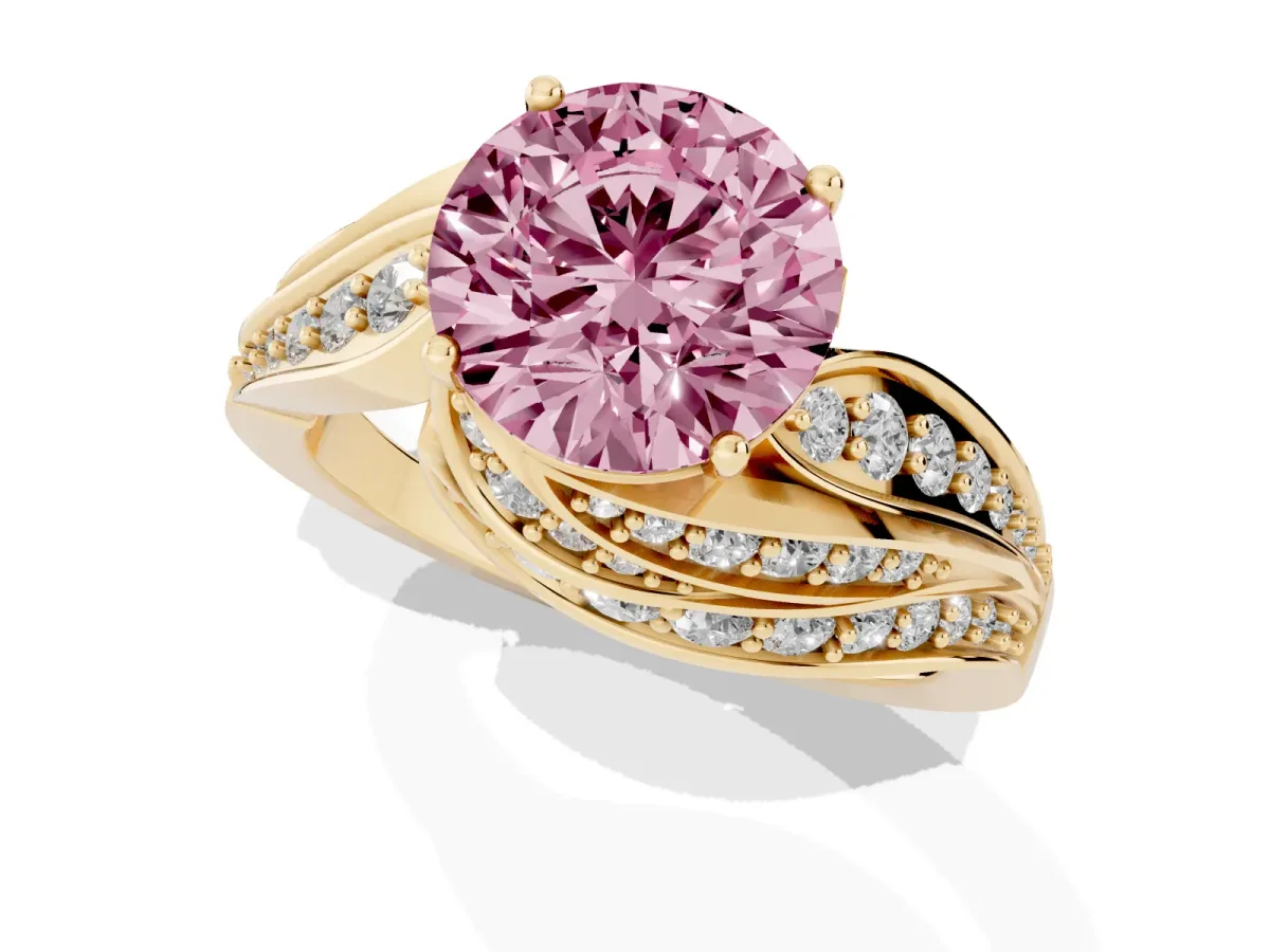 Fancy Pink Round Cut Diamond Solitaire Ring with Prong Setting and Twisted Pavé Band Yellow gold