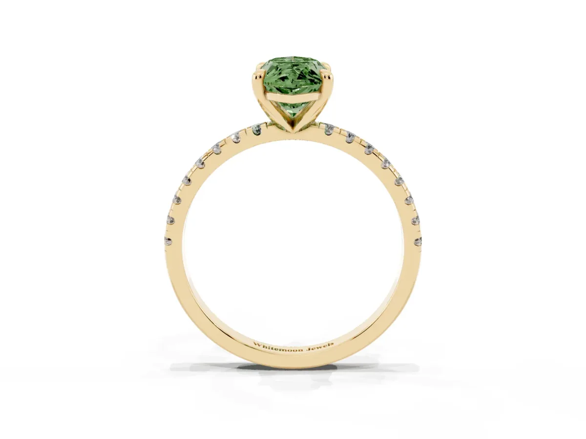 Fancy Green Marquise Cut Diamond Brilliant Solitaire Ring with Pavé Band and Four-Prong Setting Yellow gold