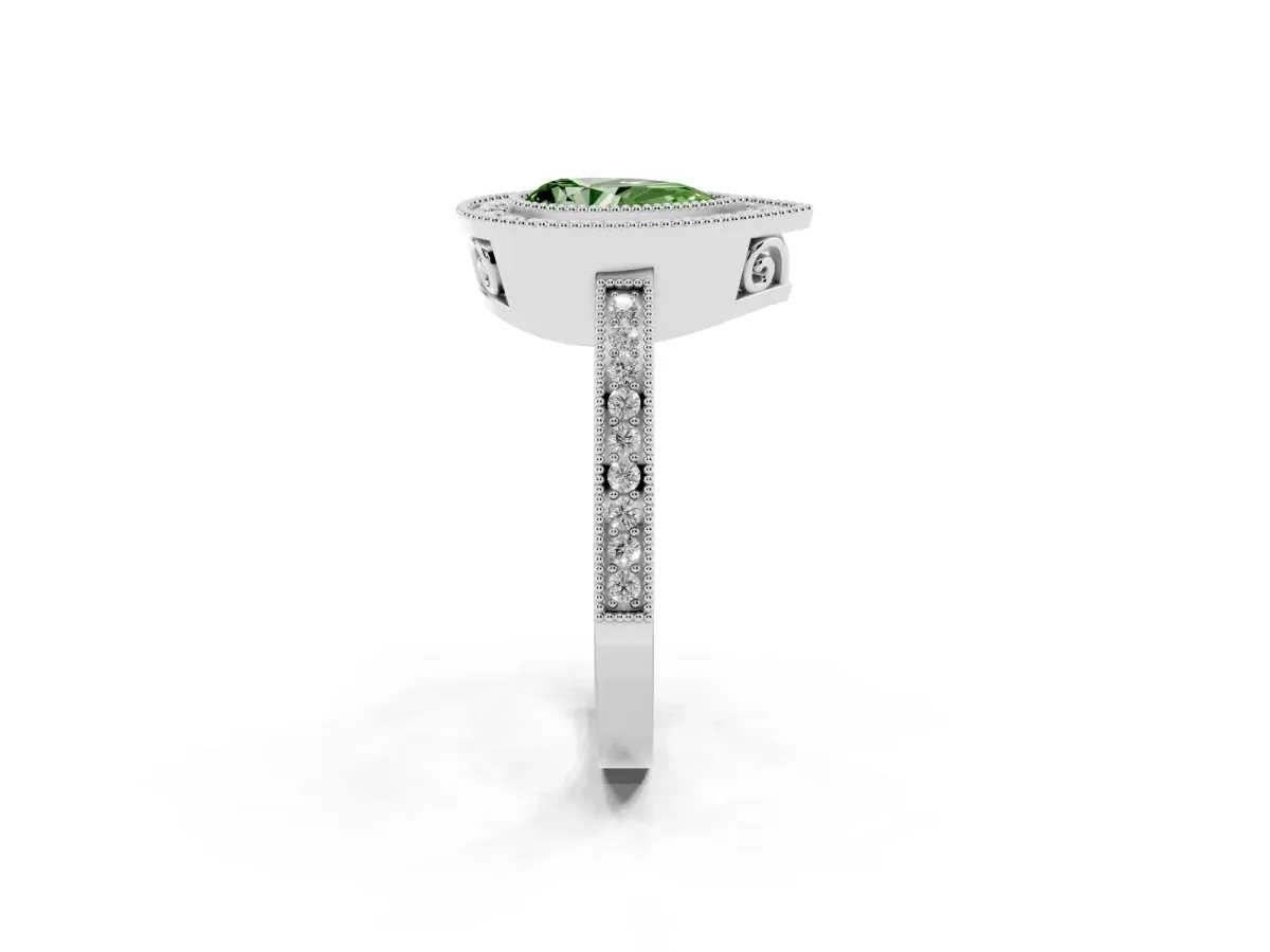 Fancy Green Pear Cut Cut Halo Diamond Ring with Pavé Band and Milgrain Prong Setting Platinum
