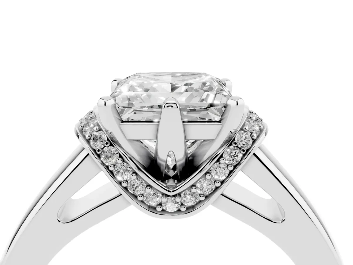 Princess Cut Solitaire Diamond Ring with Pave Band and Six-Prong Setting Silver