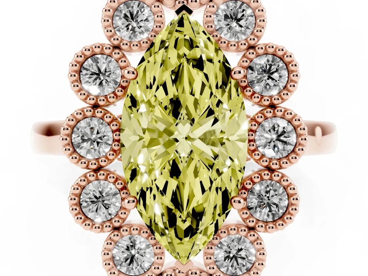 Fancy Yellow Marquise Cut Halo Diamond Cluster Engagement Ring with Milgrain Bezel Setting and Solitaire Band Rose gold