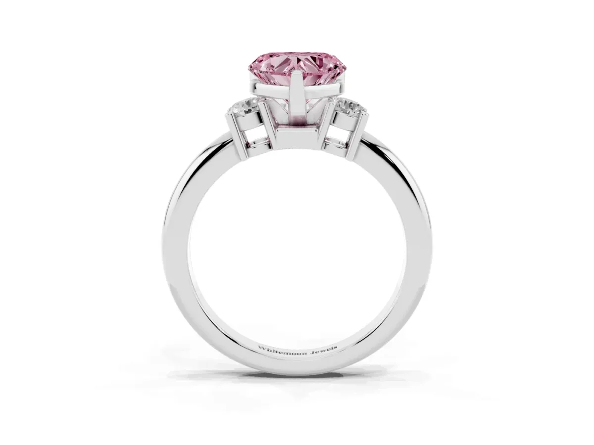 Fancy Pink Three-Stone Heart Cut Cut Diamond Solitaire with Prong Setting and Classic Band Silver