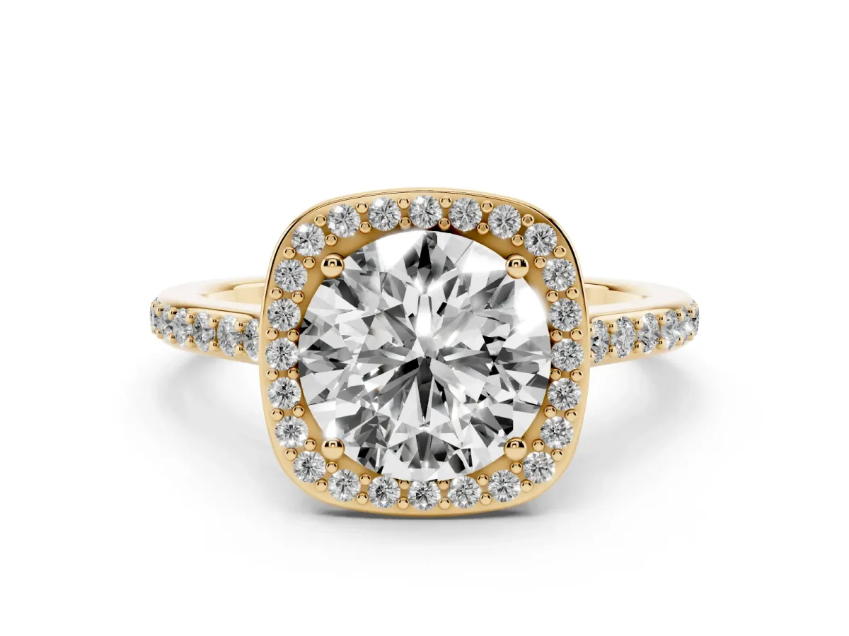Round Cut Diamond Halo Engagement Ring with Round Pavé Shoulders and Prong Setting Yellow gold