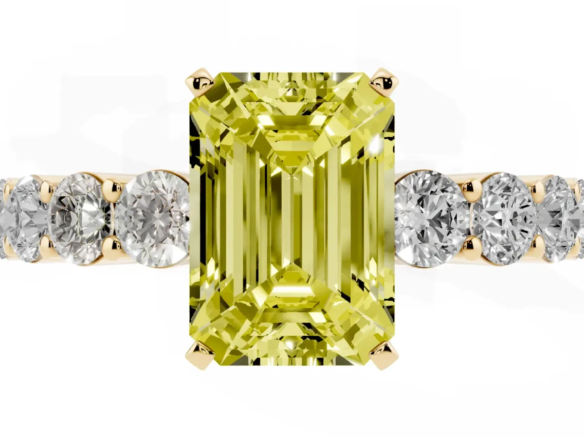 Fancy Yellow Emerald Cut Diamond Solitaire Ring with Shared Prong Round Side Stones Yellow gold