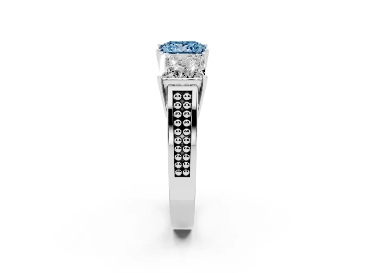 Fancy Blue Princess Cut Diamond Three-Stone Ring with Prong Setting and Textured Band Silver