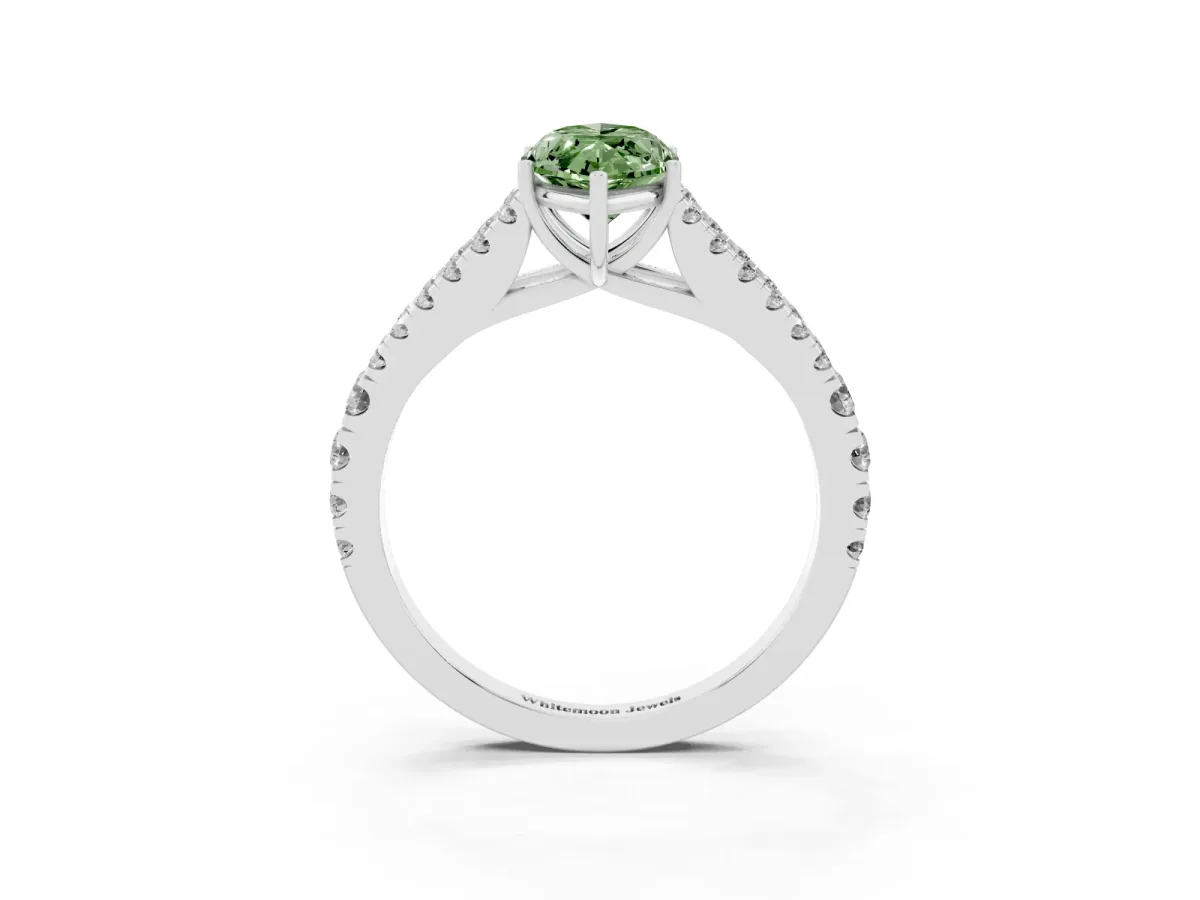 Fancy Green Marquise Cut Diamond Split Shank Pavé Engagement Ring with Four-Prong Setting Platinum